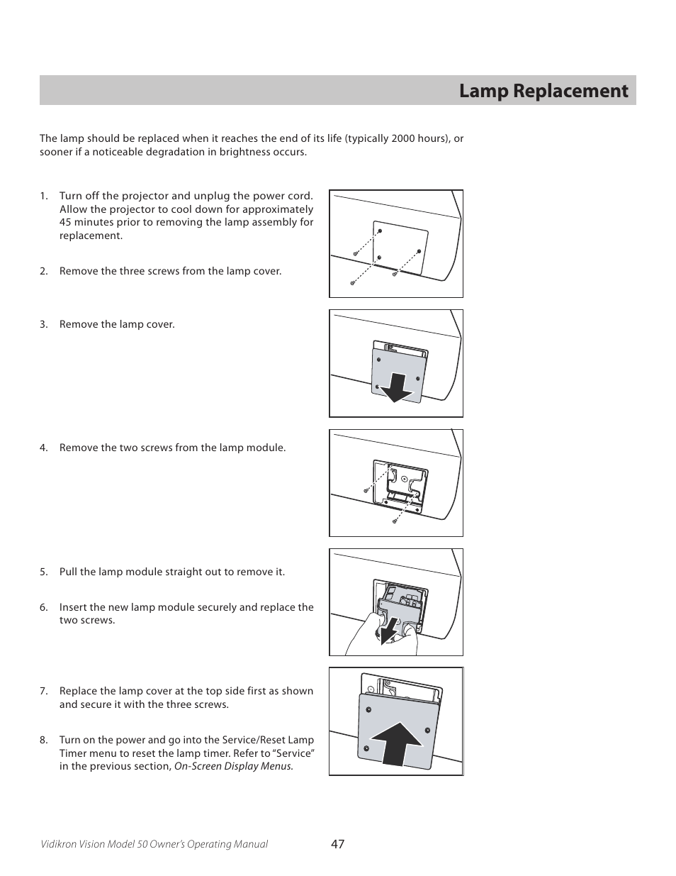 Lamp replacement | Vidikron VERSION 50 User Manual | Page 47 / 58
