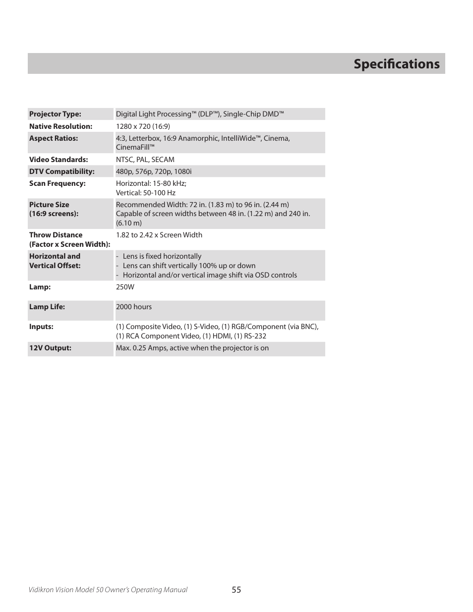 Specifications, Speciﬁcations | Vidikron VERSION 50 User Manual | Page 55 / 58