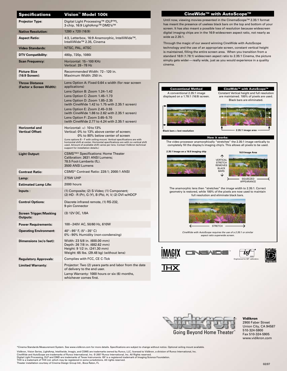 Going beyond home theater, Specifications vision, Model 100t | Cinewide™ with autoscope | Vidikron Vision l100t LightAmp User Manual | Page 2 / 2