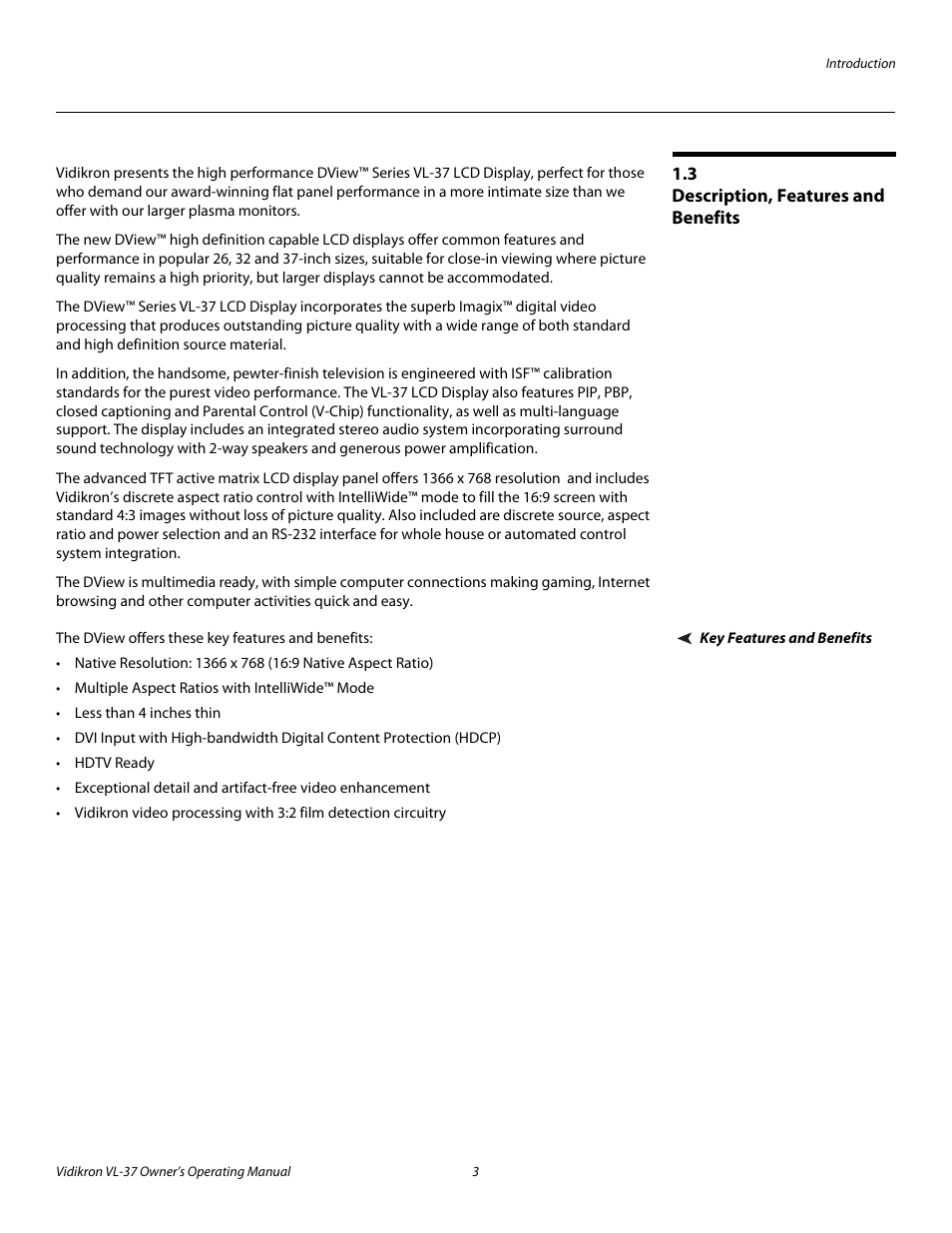 3 description, features and benefits, Key features and benefits, Description, features and benefits | Vidikron VL-37 User Manual | Page 13 / 66