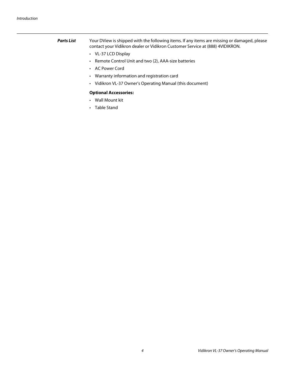 Parts list, Optional accessories | Vidikron VL-37 User Manual | Page 14 / 66