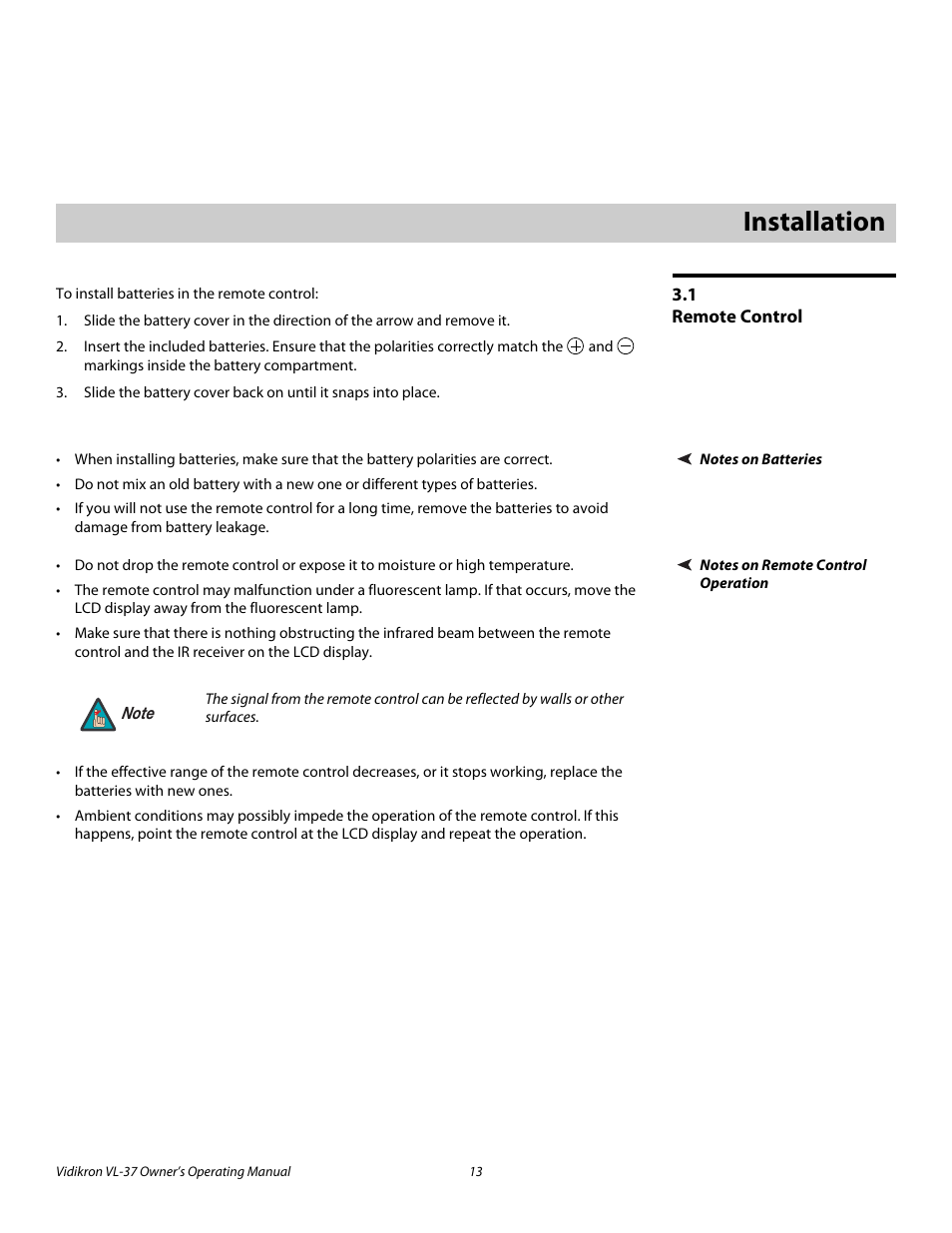 3 installation, 1 remote control, Notes on batteries | Notes on remote control operation, Installation, Remote control | Vidikron VL-37 User Manual | Page 23 / 66