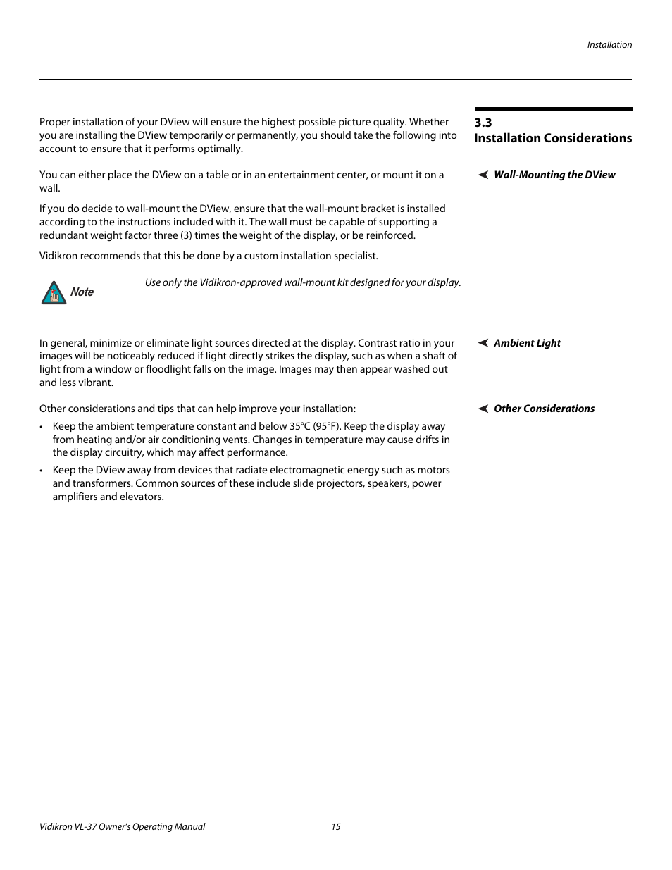 3 installation considerations, Wall-mounting the dview, Ambient light | Other considerations, Installation considerations | Vidikron VL-37 User Manual | Page 25 / 66