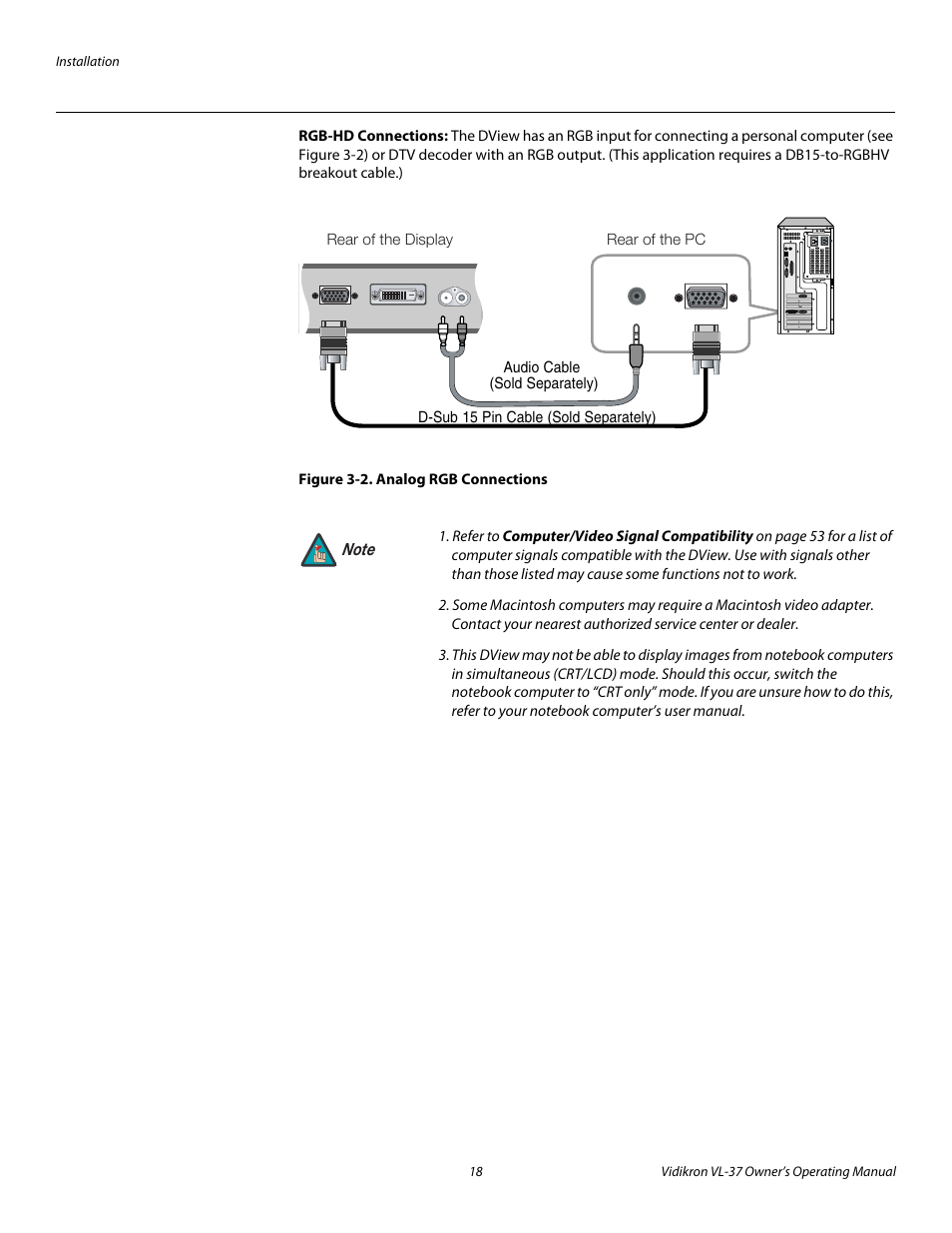 Rgb-hd connections, Figure 3-2 . analog rgb connections, 2. analog rgb connections | Vidikron VL-37 User Manual | Page 28 / 66