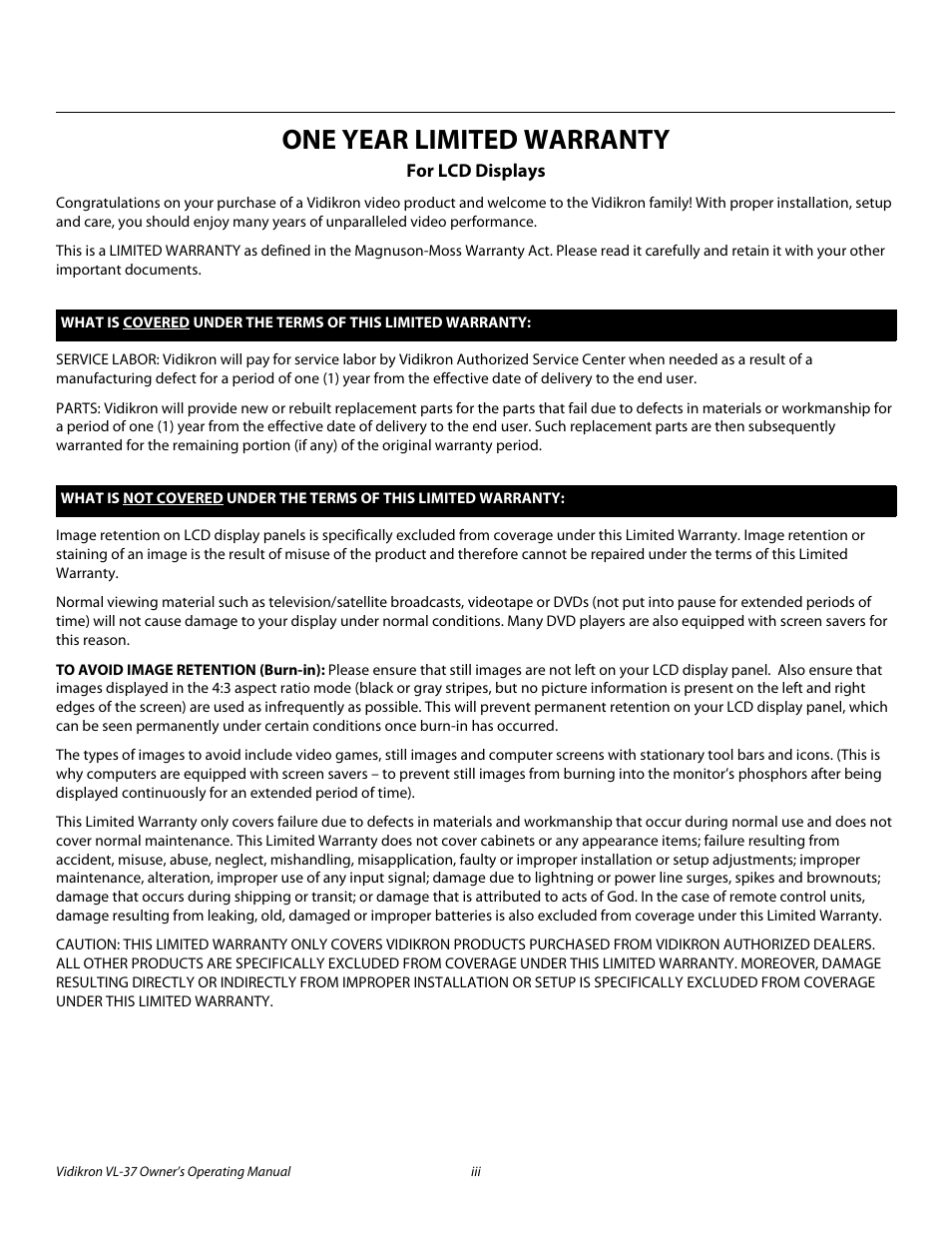 One year limited warranty | Vidikron VL-37 User Manual | Page 3 / 66