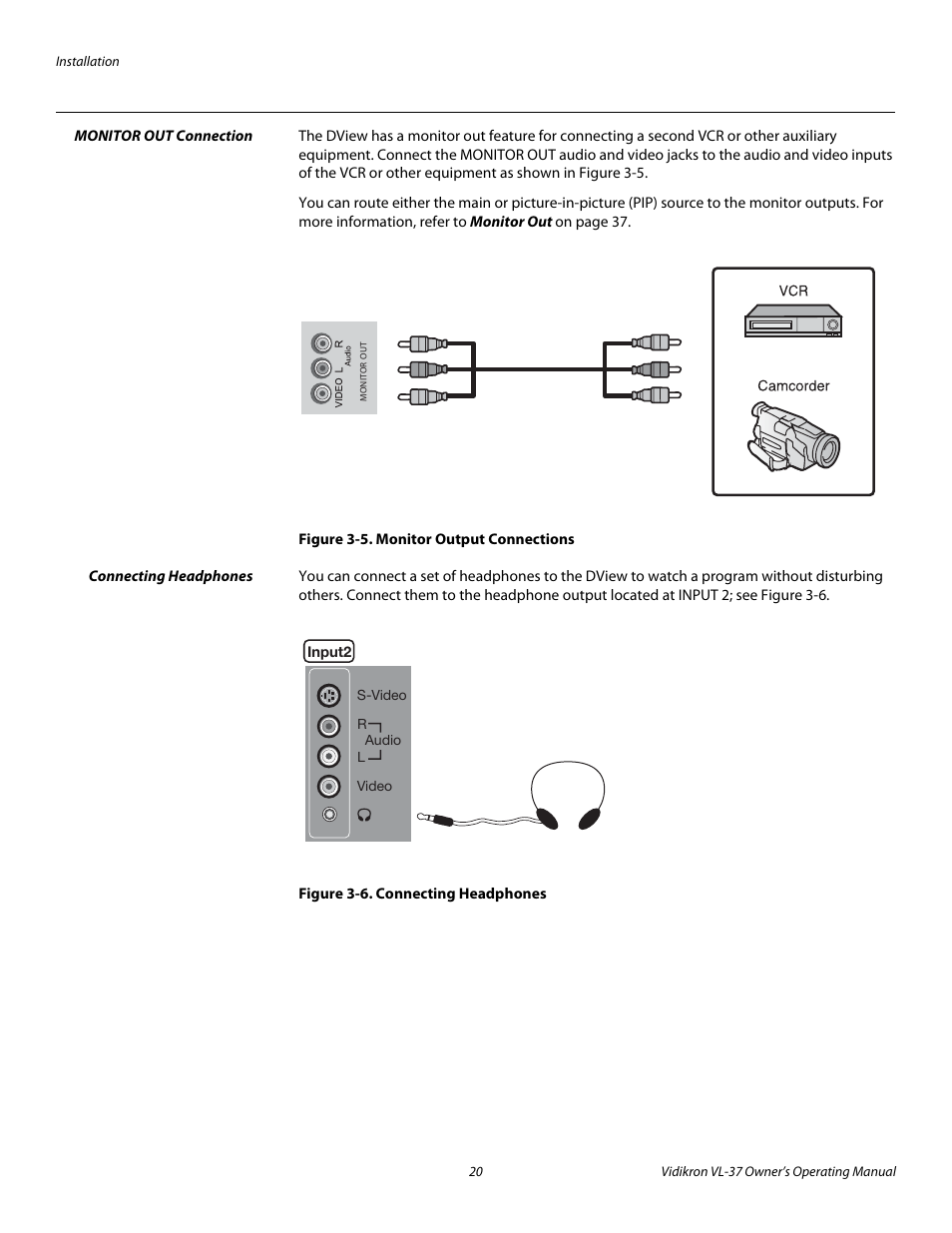 Monitor out connection, Figure 3-5 . monitor output connections, Connecting headphones | Figure 3-6 . connecting headphones, 5. monitor output connections, 6. connecting headphones | Vidikron VL-37 User Manual | Page 30 / 66
