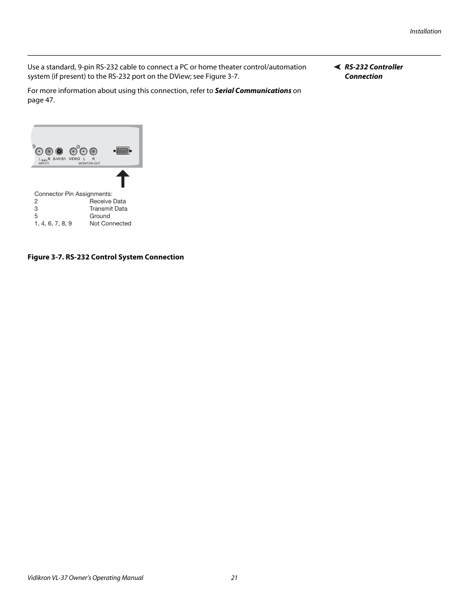 Rs-232 controller connection, Figure 3-7 . rs-232 control system connection, 7. rs-232 control system connection | Vidikron VL-37 User Manual | Page 31 / 66
