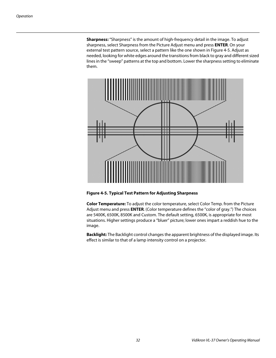 Sharpness, Color temperature, Backlight | 5. typical test pattern for adjusting sharpness | Vidikron VL-37 User Manual | Page 42 / 66