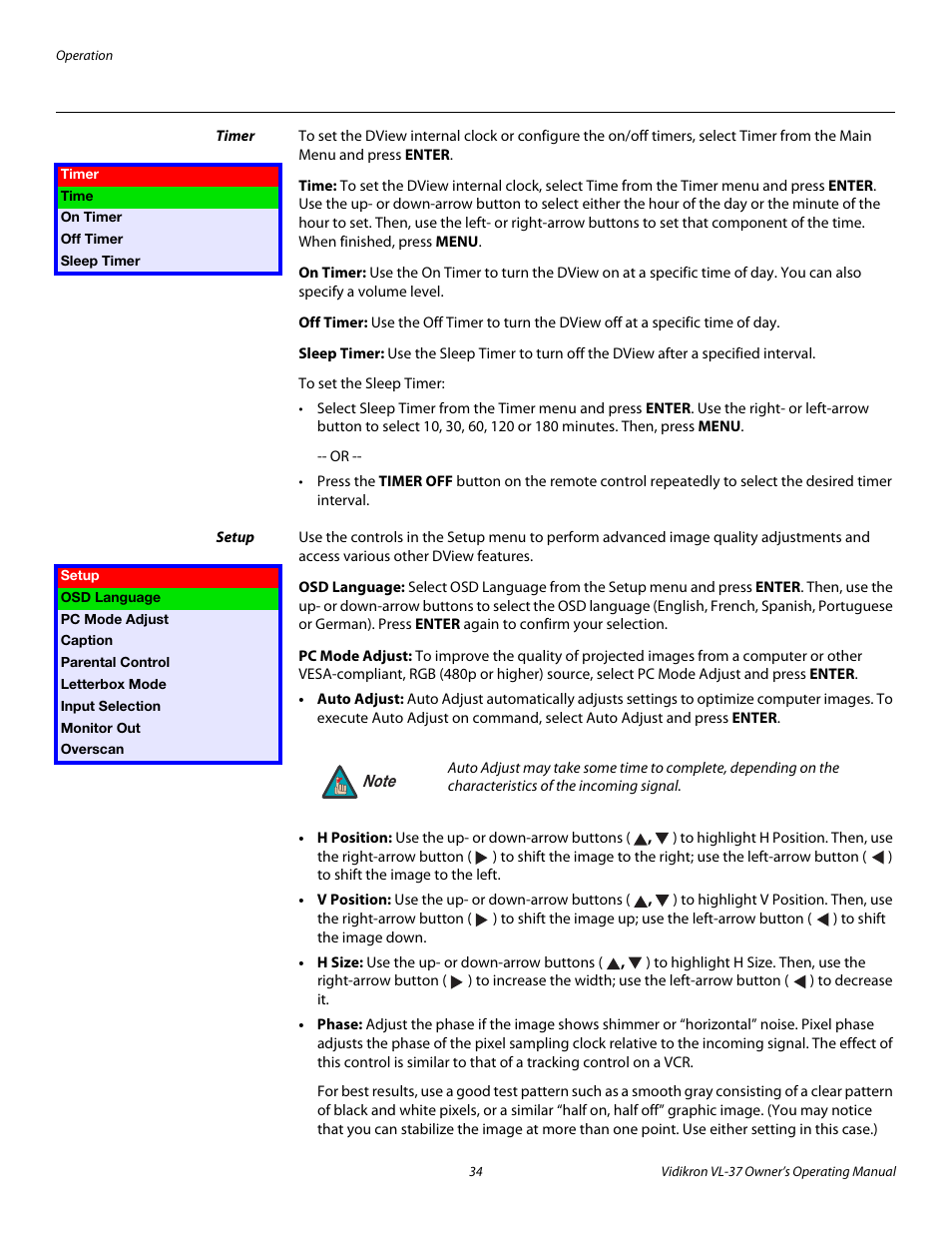 Timer, Time, On timer | Off timer, Sleep timer, Setup, Osd language, Pc mode adjust | Vidikron VL-37 User Manual | Page 44 / 66