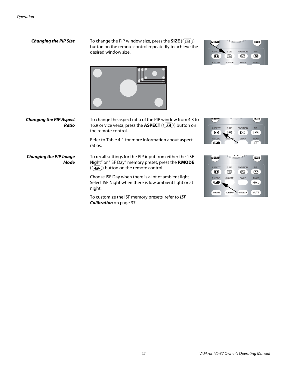 Changing the pip size, Changing the pip aspect ratio, Changing the pip image mode | Vidikron VL-37 User Manual | Page 52 / 66