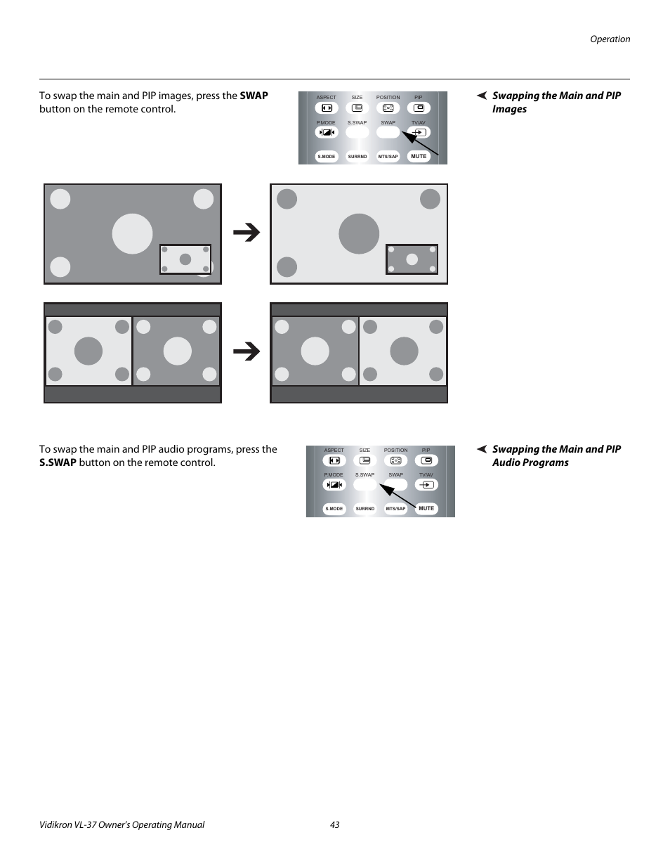 Swapping the main and pip images, Swapping the main and pip audio programs | Vidikron VL-37 User Manual | Page 53 / 66