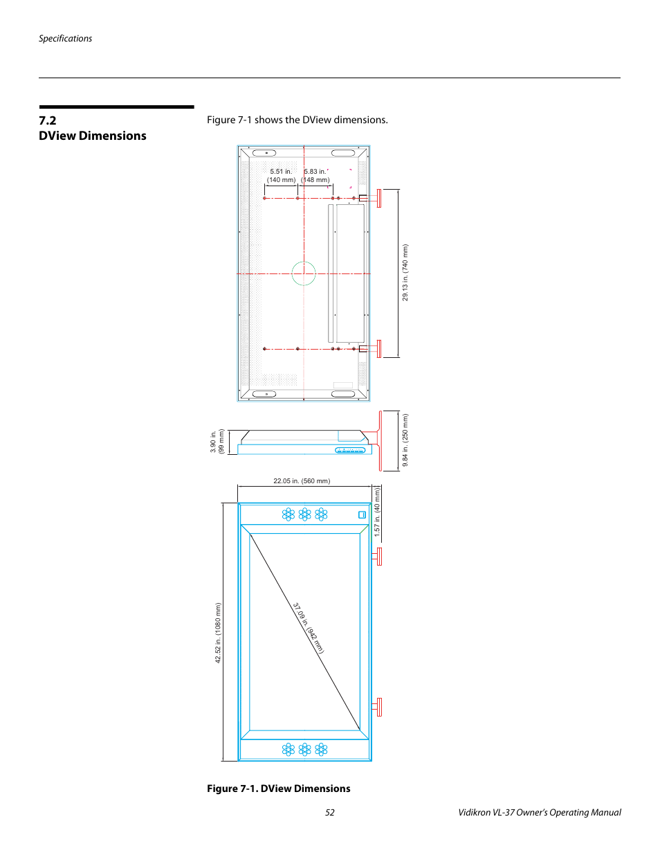 2 dview dimensions, Figure 7-1 . dview dimensions, Dview dimensions | 1. dview dimensions | Vidikron VL-37 User Manual | Page 62 / 66