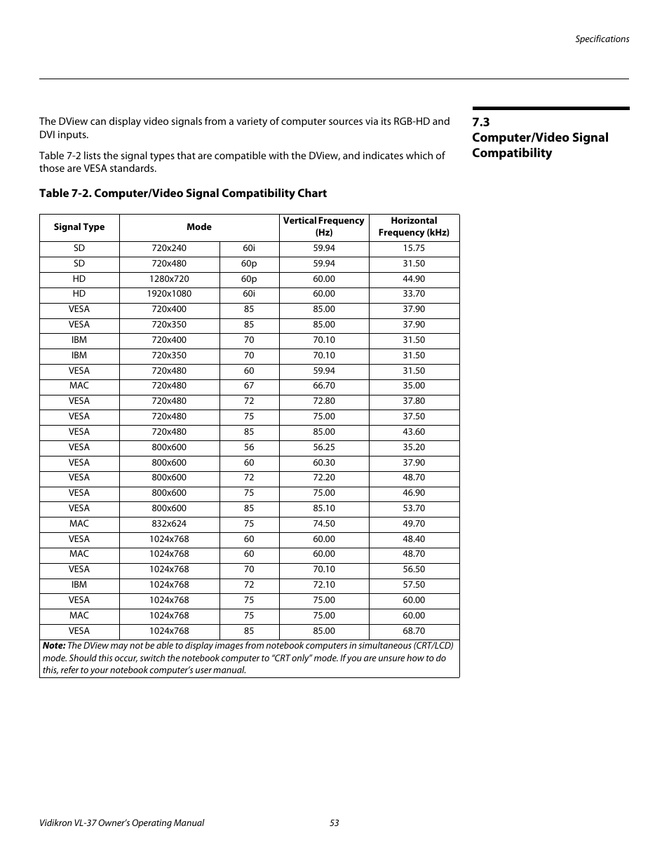 3 computer/video signal compatibility, Computer/video signal compatibility | Vidikron VL-37 User Manual | Page 63 / 66