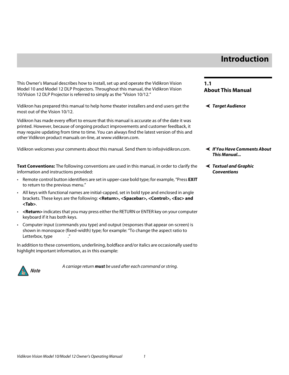 1 introduction, 1 about this manual, Target audience | If you have comments about this manual, Textual and graphic conventions, Text conventions, Introduction, About this manual, Pre l iminar y | Vidikron DLP 40828 User Manual | Page 11 / 74