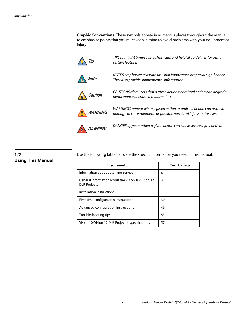 Graphic conventions, 2 using this manual, Using this manual | Pre l iminar y | Vidikron DLP 40828 User Manual | Page 12 / 74