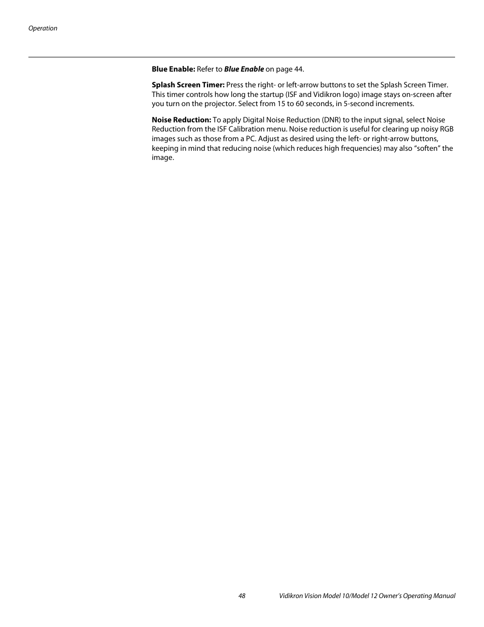 Blue enable, Splash screen timer, Noise reduction | Pre l iminar y | Vidikron DLP 40828 User Manual | Page 58 / 74