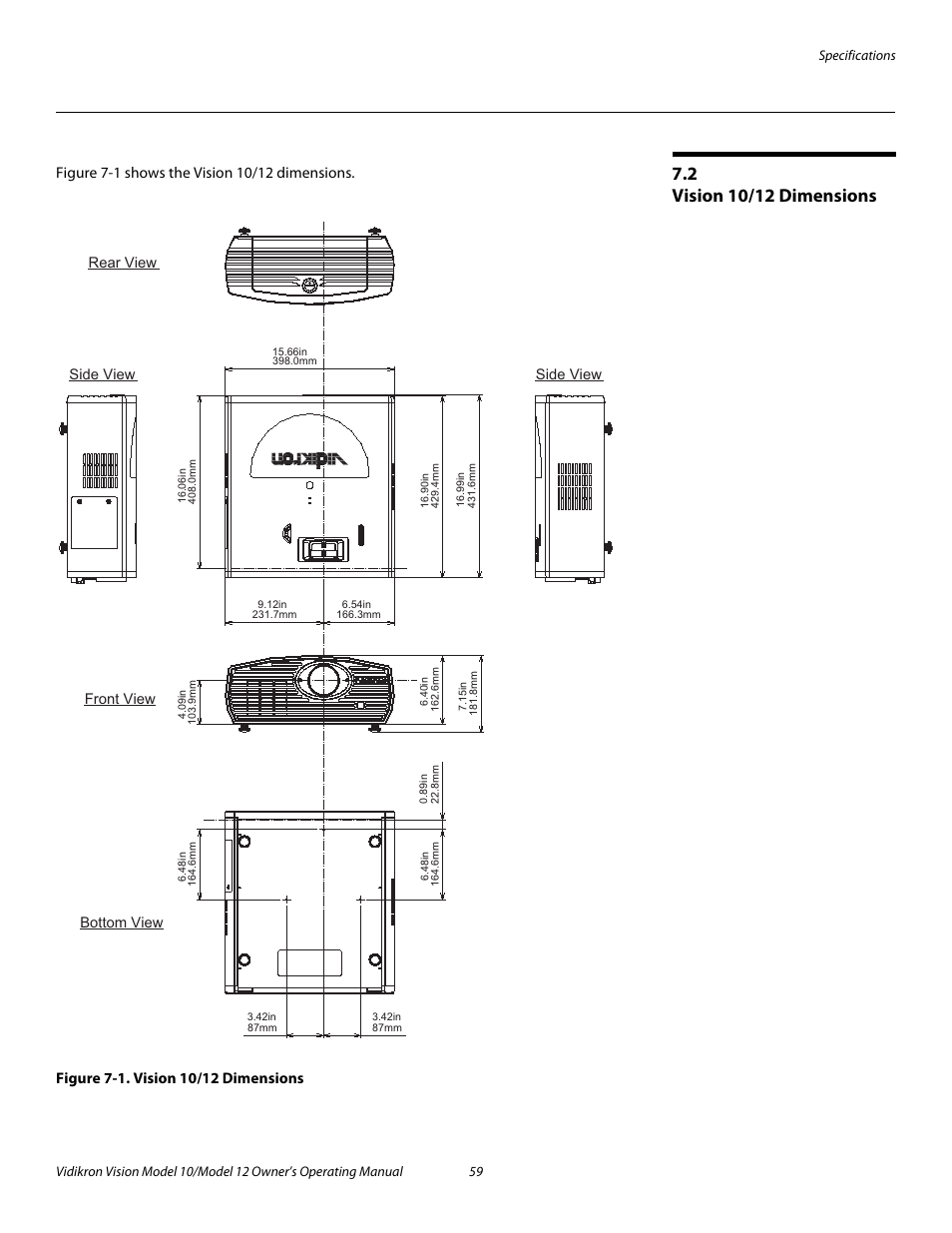 2 vision 10/12 dimensions, Figure 7-1 . vision 10/12 dimensions, Vision 10/12 dimensions | 1. vision 10/12 dimensions, Pre l iminar y | Vidikron DLP 40828 User Manual | Page 69 / 74