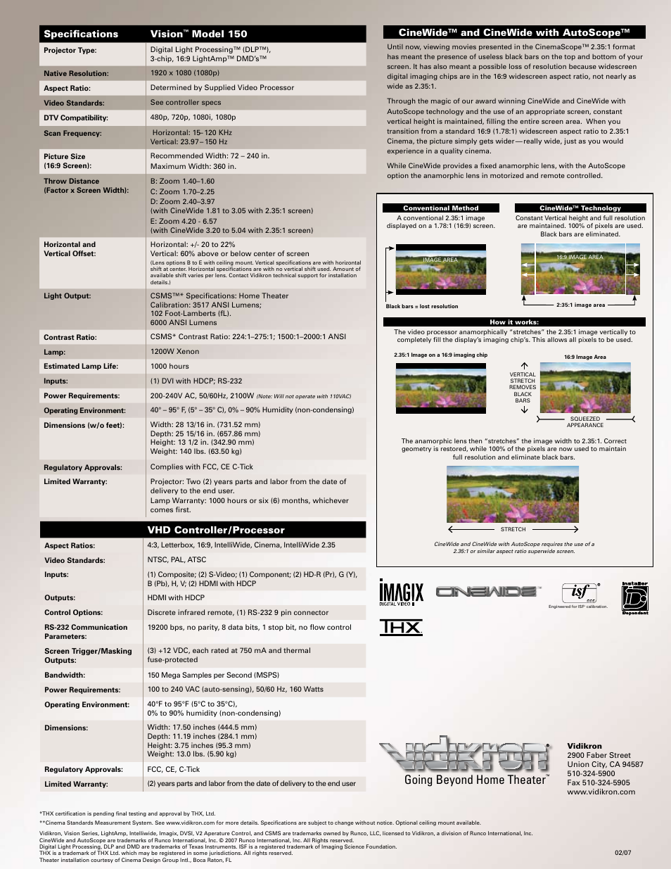 Going beyond home theater, Specifications vision, Model 150 | Vhd controller / processor, Cinewide™ and cinewide with autoscope | Vidikron Vision 150 LightAmp User Manual | Page 2 / 2