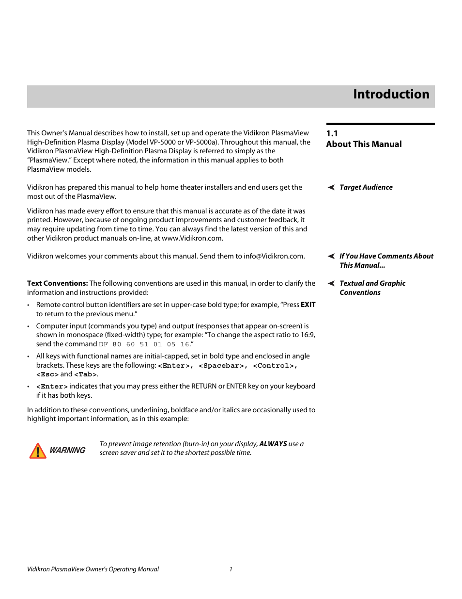 1 introduction, 1 about this manual, Target audience | If you have comments about this manual, Textual and graphic conventions, Text conventions, Introduction, About this manual, Pre l iminar y | Vidikron VP-5000 User Manual | Page 11 / 70