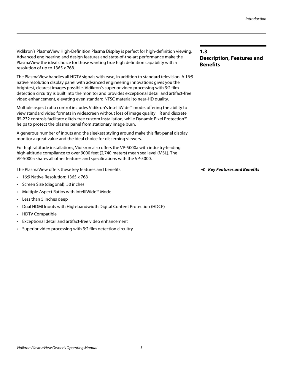 3 description, features and benefits, Key features and benefits, Description, features and benefits | Pre l iminar y | Vidikron VP-5000 User Manual | Page 13 / 70