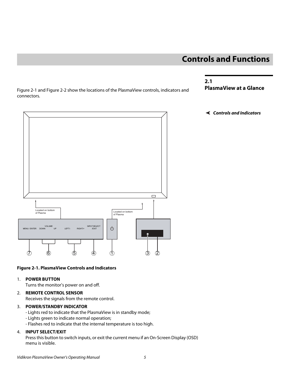 2 controls and functions, 1 plasmaview at a glance, Controls and indicators | Figure 2-1 . plasmaview controls and indicators, Iminar, Controls and functions, Plasmaview at a glance, 1. plasmaview controls and indicators, Pre l iminar y | Vidikron VP-5000 User Manual | Page 15 / 70