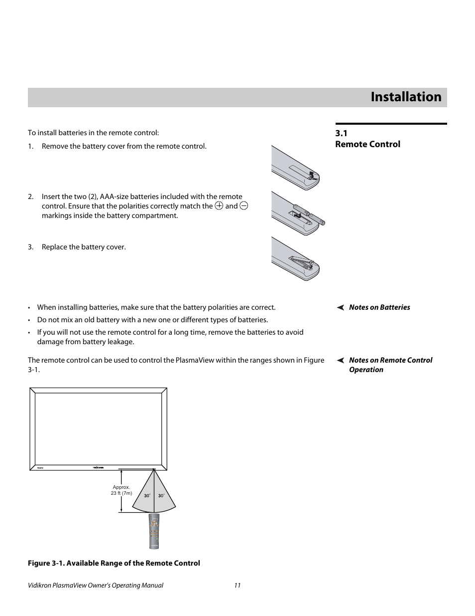 3 installation, 1 remote control, Notes on batteries | Notes on remote control operation, Figure 3-1 . available range of the remote control, Installation, Remote control, 1. available range of the remote control, Pre l iminar y | Vidikron VP-5000 User Manual | Page 21 / 70