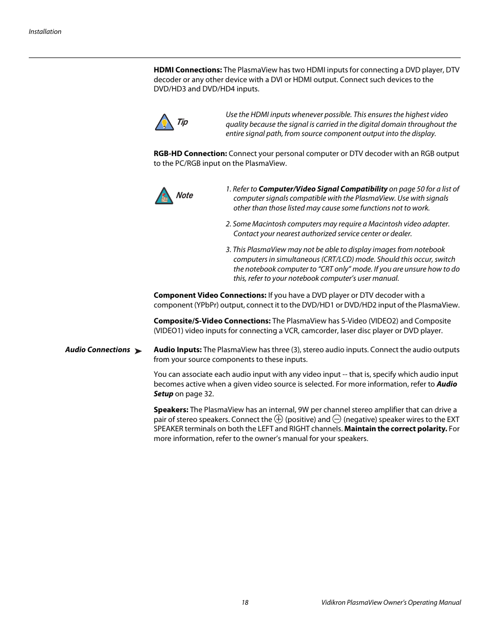 Hdmi connections, Rgb-hd connection, Component video connections | Composite/s-video connections, Audio connections, Audio inputs, Speakers, Pre l iminar y | Vidikron VP-5000 User Manual | Page 28 / 70