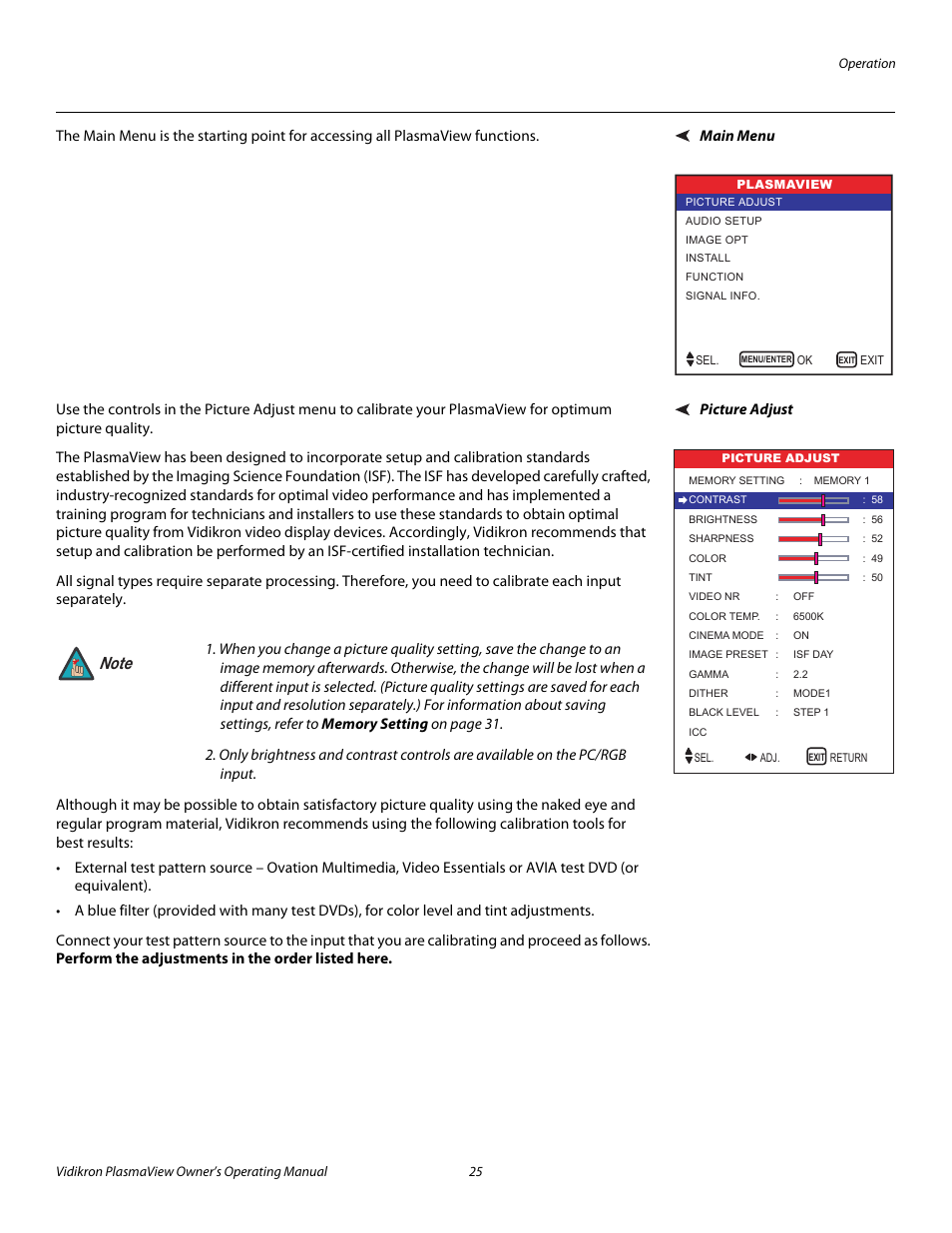 Main menu, Picture adjust, Iminar | 25 through, Pre l iminar y | Vidikron VP-5000 User Manual | Page 35 / 70