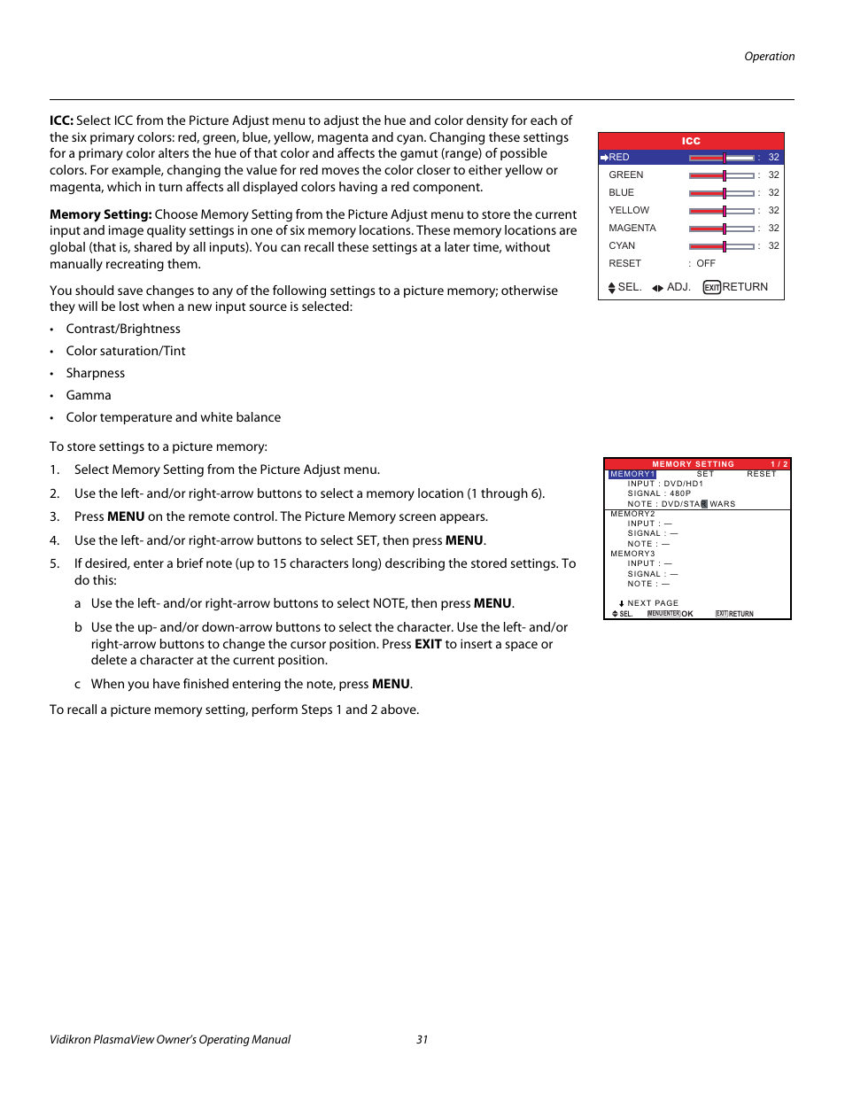 Memory setting, Pre l iminar y | Vidikron VP-5000 User Manual | Page 41 / 70