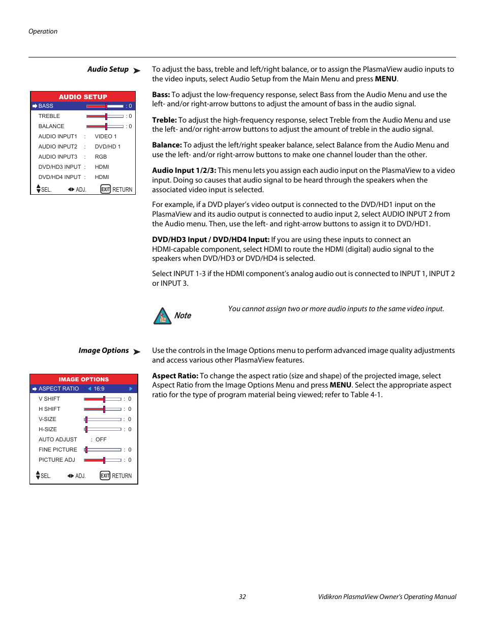 Audio setup, Bass, Treble | Balance, Audio input 1/2/3, Dvd/hd3 input / dvd/hd4 input, Image options, Aspect ratio, Pre l iminar y | Vidikron VP-5000 User Manual | Page 42 / 70
