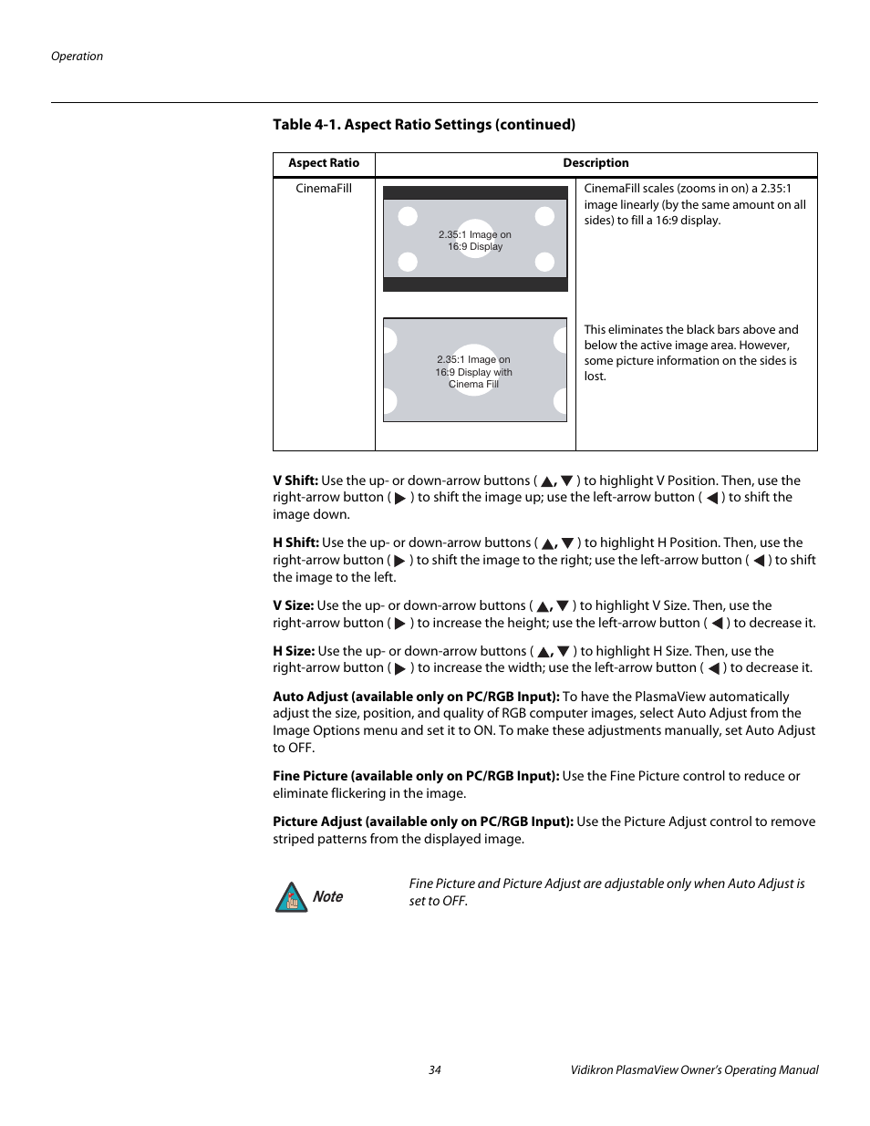V shift, H shift, V size | H size, Auto adjust (available only on pc/rgb input), Fine picture (available only on pc/rgb input), Picture adjust (available only on pc/rgb input), Pre l iminar y | Vidikron VP-5000 User Manual | Page 44 / 70