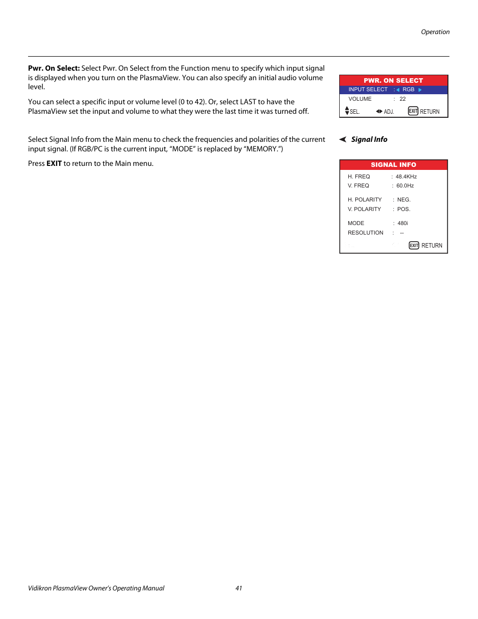Pwr. on select, Signal info, Pre l iminar y | Vidikron VP-5000 User Manual | Page 51 / 70
