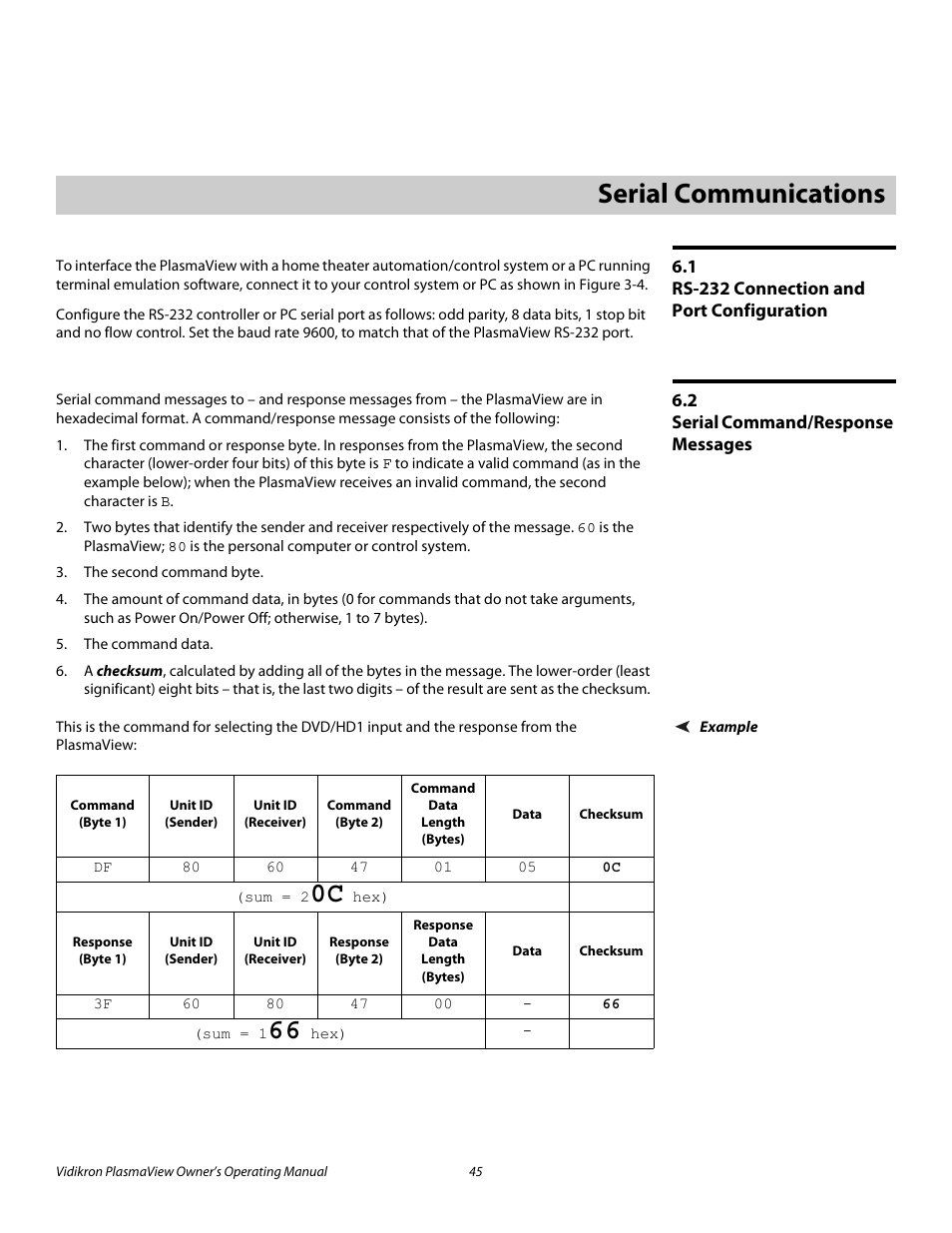 6 serial communications, 1 rs-232 connection and port configuration, 2 serial command/response messages | Example, Serial communications, Rs-232 connection and port configuration, Serial command/response messages, To section 6, serial communications, or contact, Pre l iminar y | Vidikron VP-5000 User Manual | Page 55 / 70