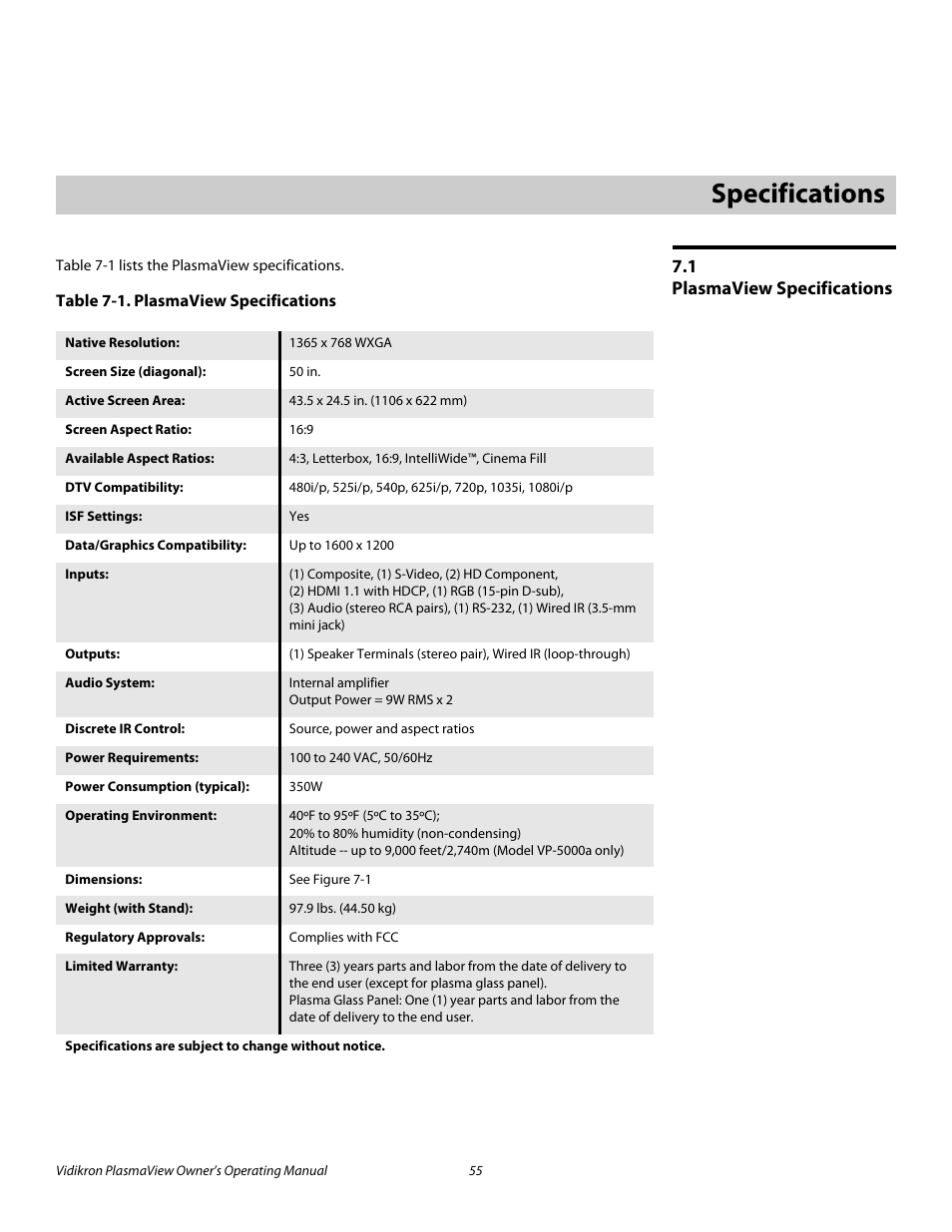 7 specifications, 1 plasmaview specifications, Table 7-1 . plasmaview specifications | Specifications, Plasmaview specifications, Pre l iminar y | Vidikron VP-5000 User Manual | Page 65 / 70