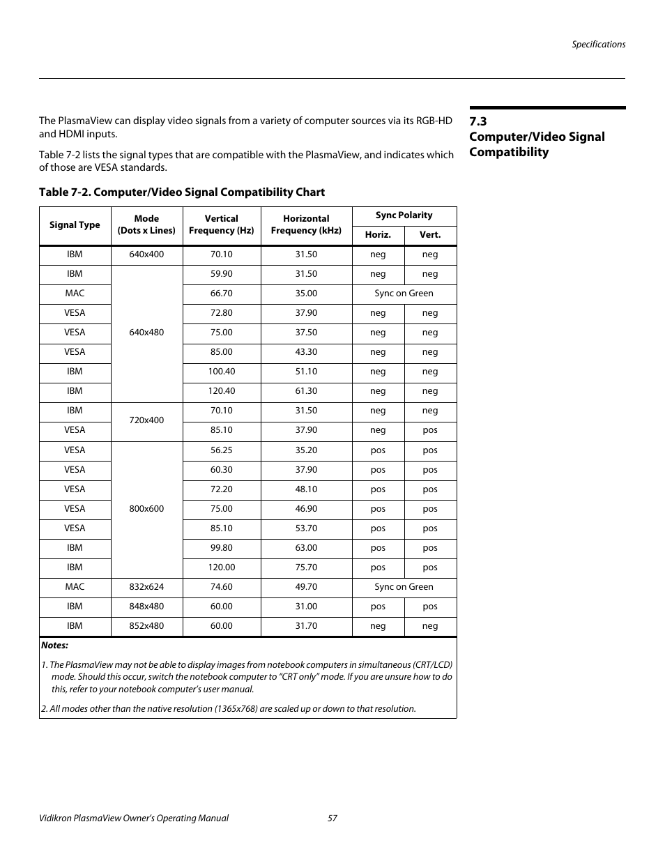3 computer/video signal compatibility, Computer/video signal compatibility, Pre l iminar y | Vidikron VP-5000 User Manual | Page 67 / 70
