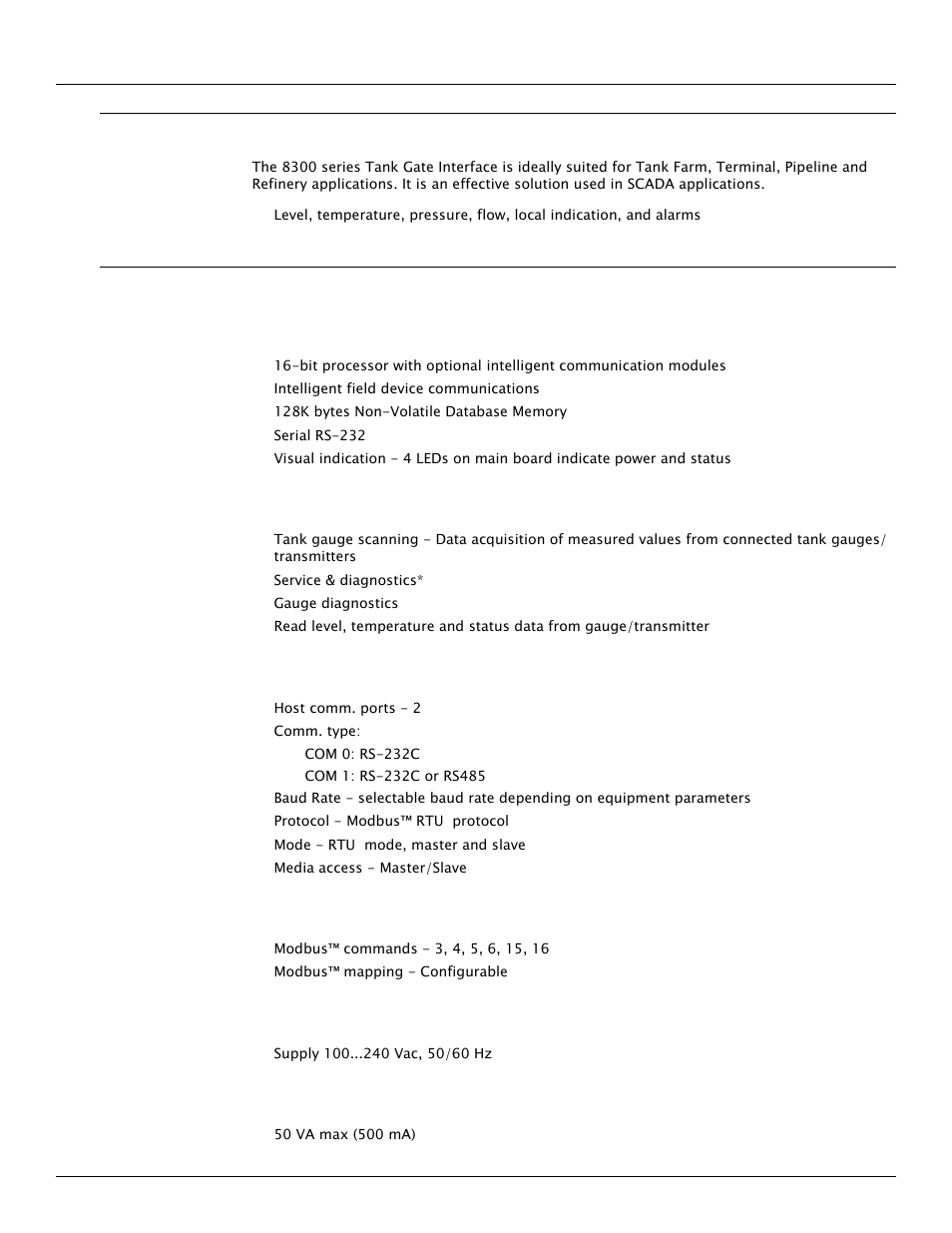 3 applications, 4 specifications, 1 system design | 2 software functionality, 3 host communication, 4 modbus functionality, 5 power supply, 6 power consumption | Varec TankGate Interface 8315 Series User Manual | Page 12 / 110