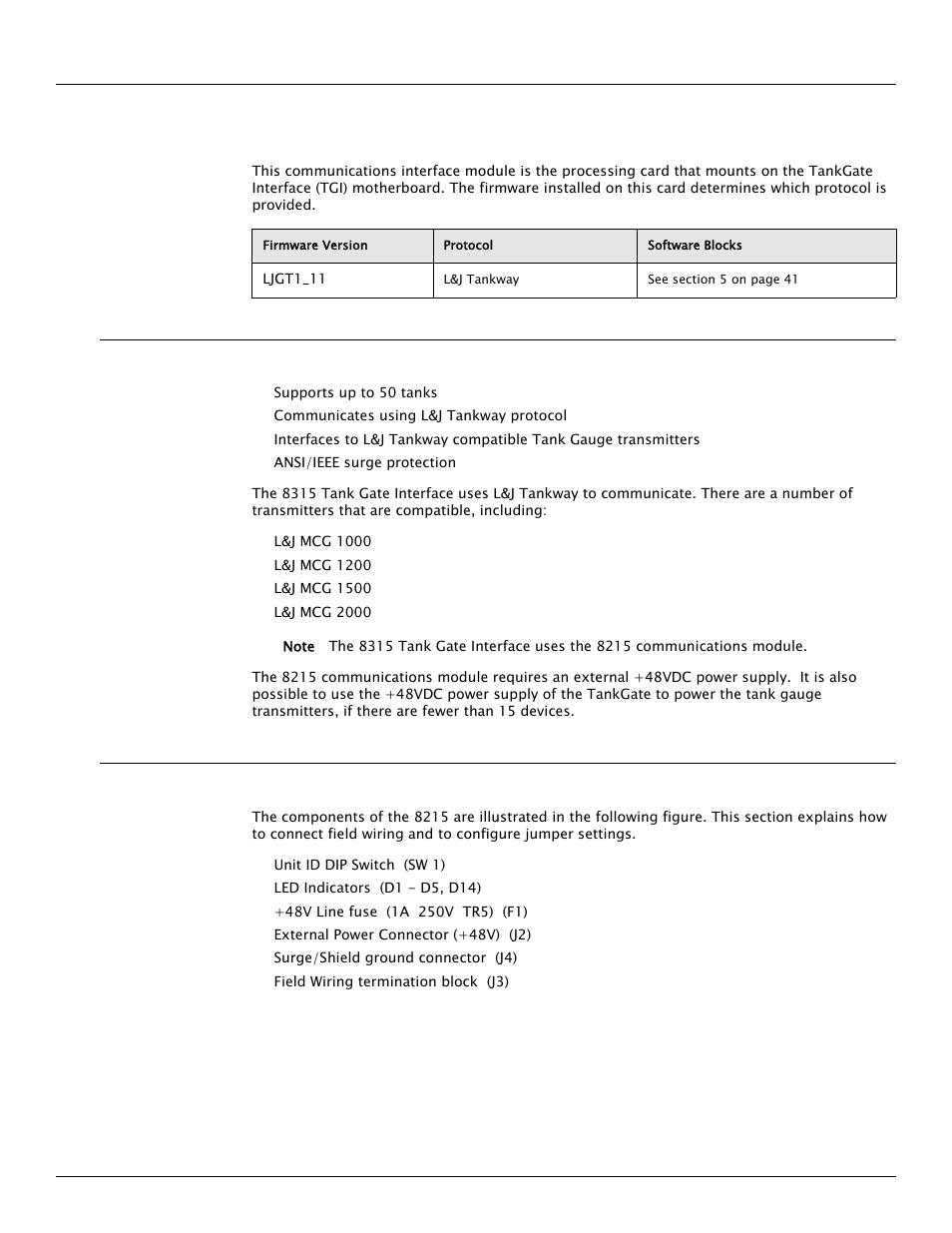 3 8215 l&j tankway communications interface module, 1 features, 2 description | 8215 l&j tankway communications interface module | Varec TankGate Interface 8315 Series User Manual | Page 25 / 110
