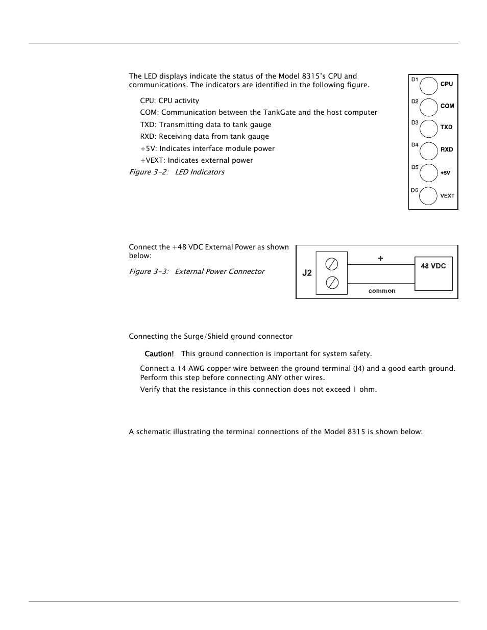 2 led indicators (d1-d6), 3 external power connector (+48v) (j2), 4 surge/shield ground connector (j4) | 5 field wiring terminal block (j3) | Varec TankGate Interface 8315 Series User Manual | Page 27 / 110