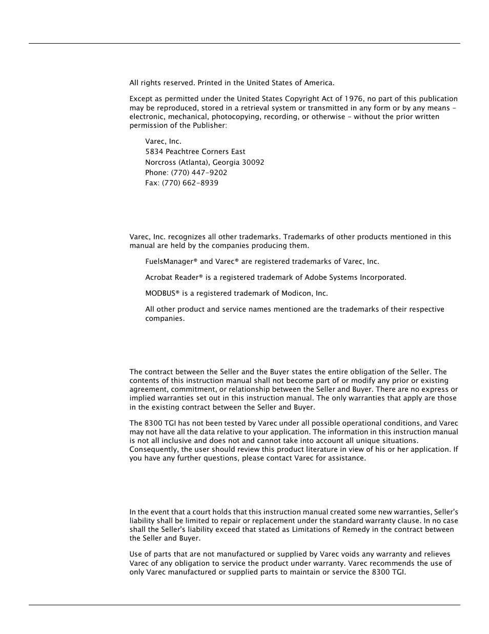 Copyright, Trademarks acknowledged, Disclaimer of warranties | Limitations of seller's liability | Varec TankGate Interface 8315 Series User Manual | Page 3 / 110