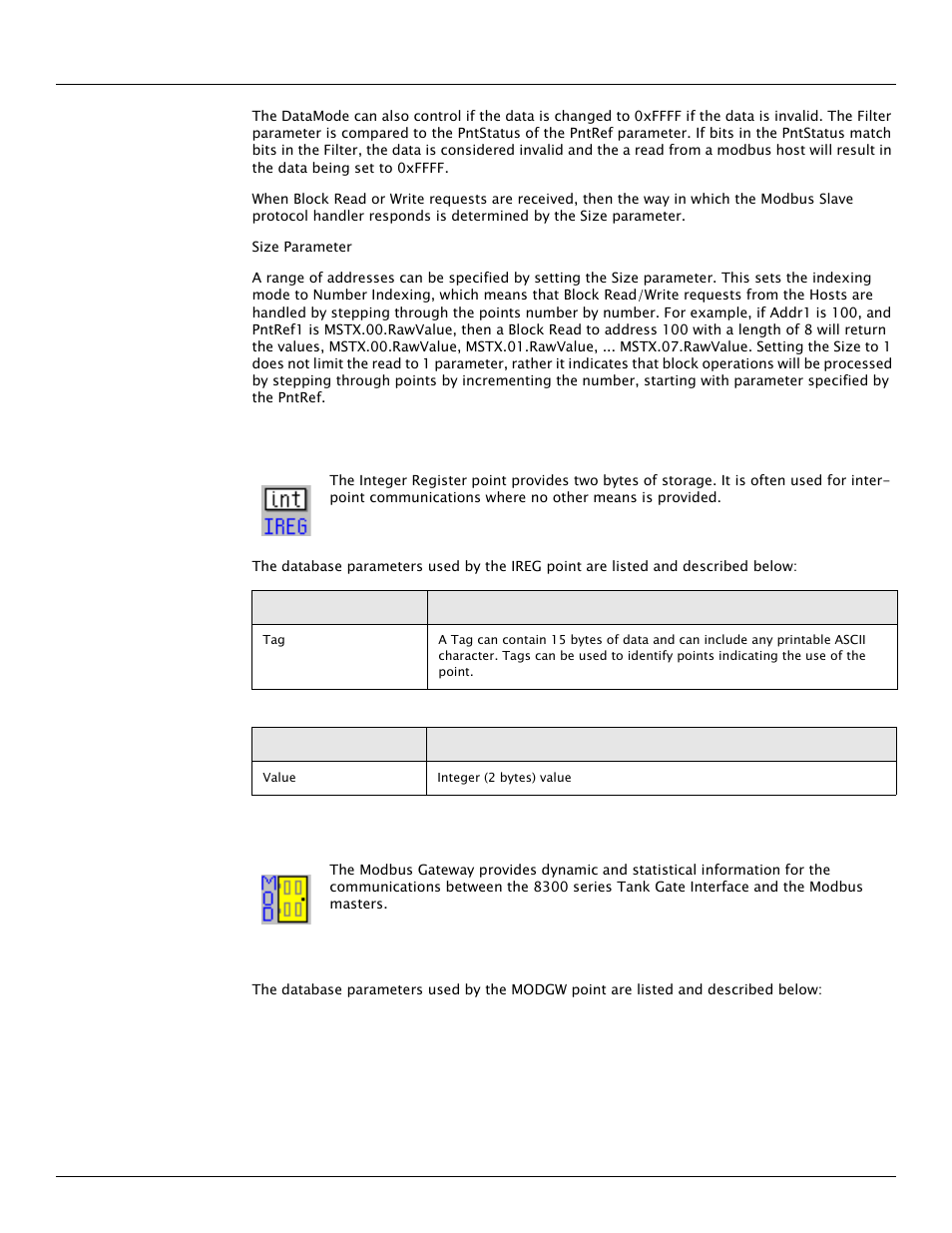 7 integer register (ireg), 8 modbus gateway (modgw) | Varec TankGate Interface 8315 Series User Manual | Page 46 / 110