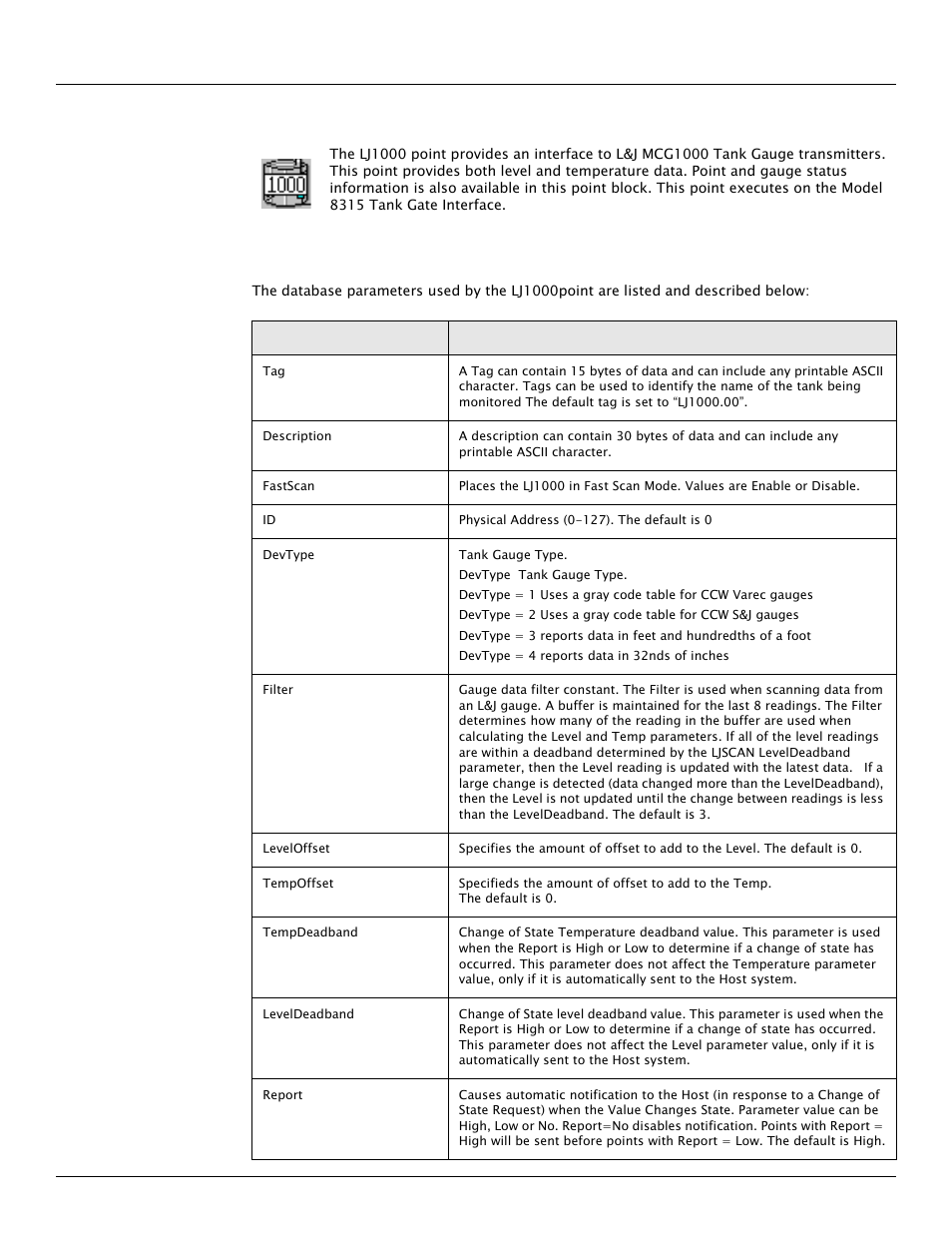 1 l&j mcg1000 tank gauge (lj1000), 1 parameters | Varec TankGate Interface 8315 Series User Manual | Page 53 / 110