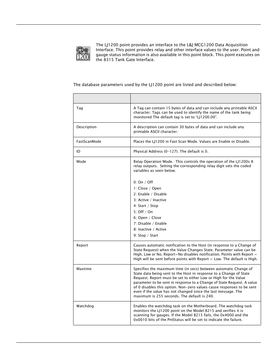 2 l&j mcg1200 tank gauge (lj1200), 1 parameters | Varec TankGate Interface 8315 Series User Manual | Page 57 / 110