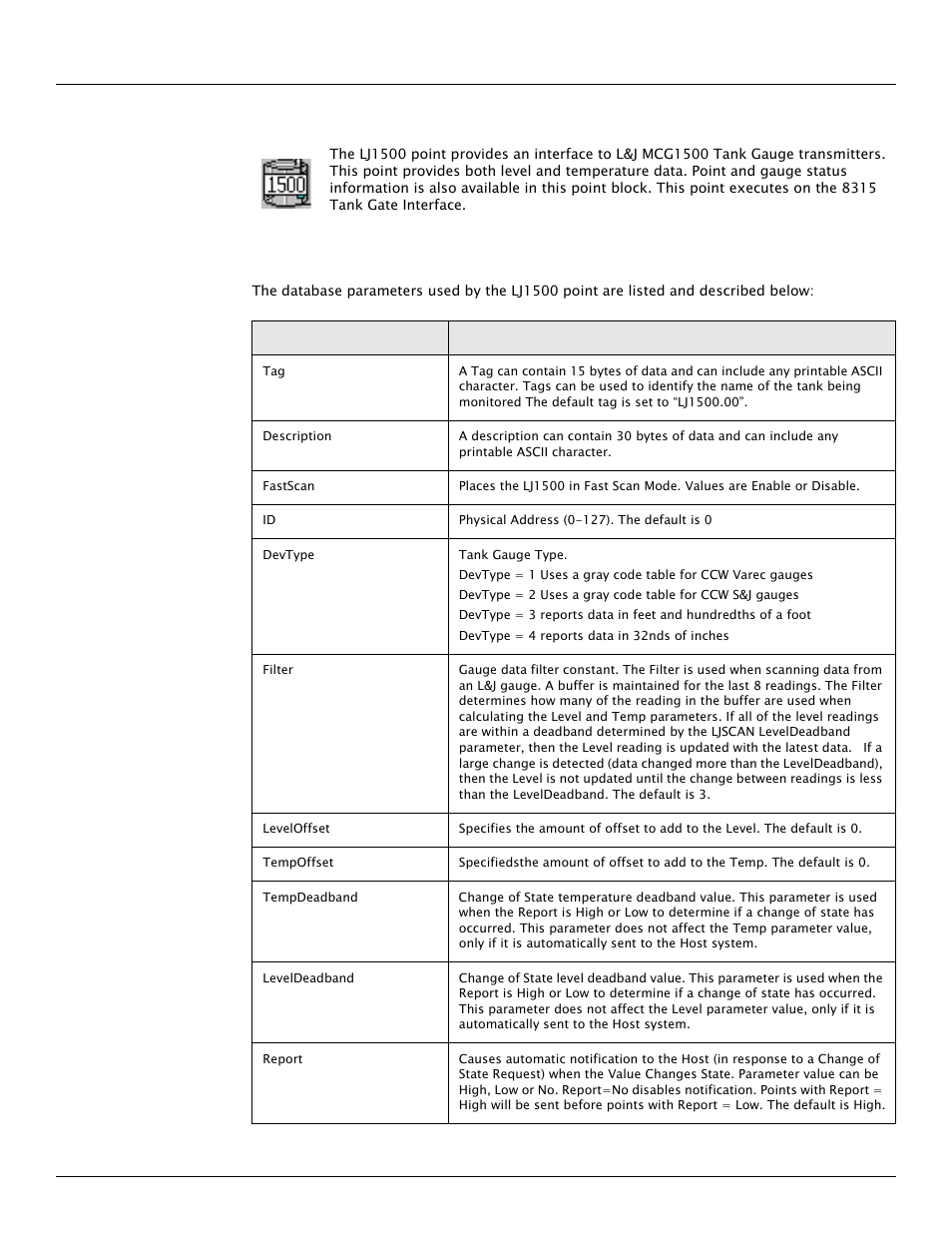 3 l&j mcg1500 tank gauge (lj1500), 1 parameters | Varec TankGate Interface 8315 Series User Manual | Page 59 / 110