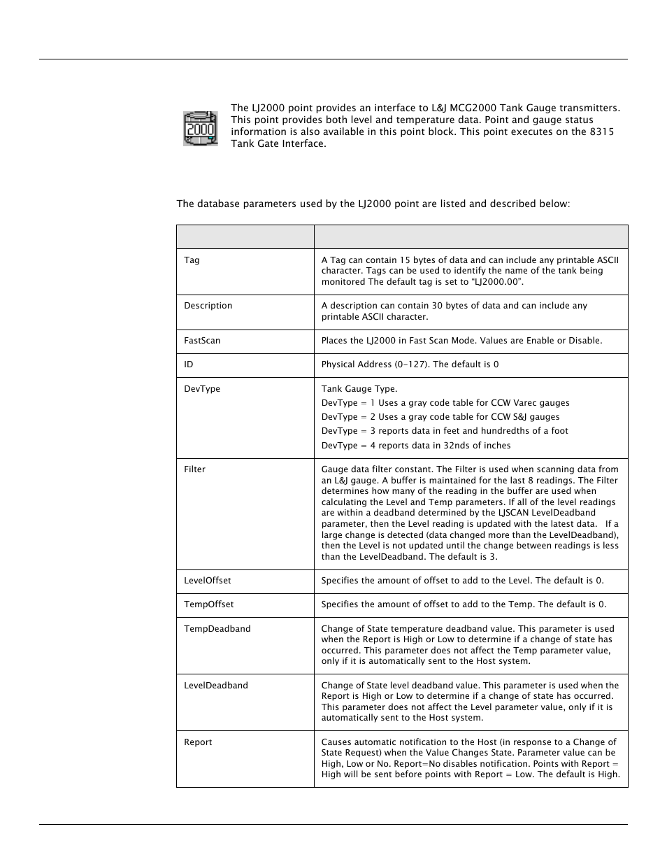 4 l&j mcg2000 tank gauge (lj2000), 1 parameters | Varec TankGate Interface 8315 Series User Manual | Page 63 / 110