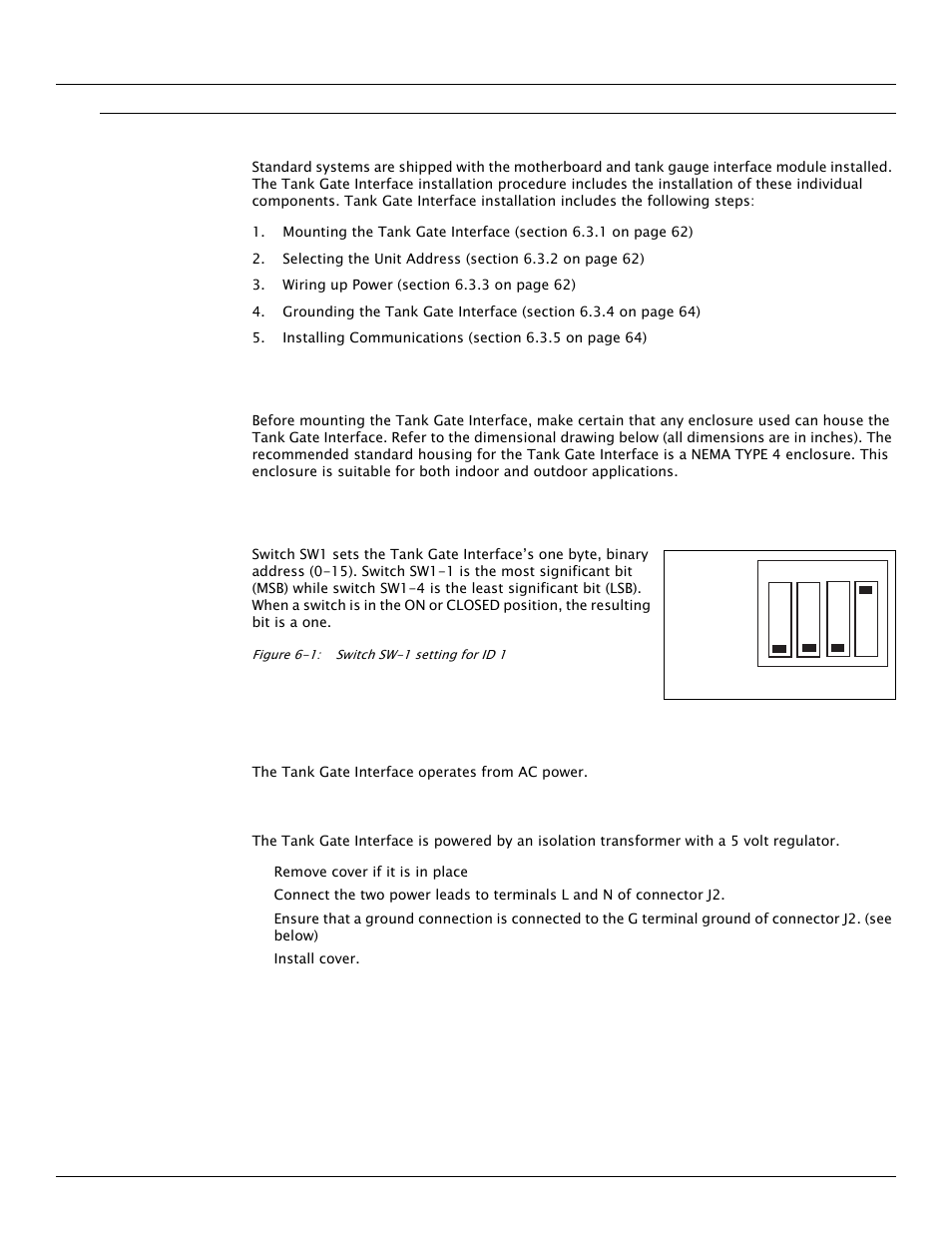 3 installation, 1 mounting the tank gate interface, 2 select the unit address | 3 wiring up power, Closed open | Varec TankGate Interface 8315 Series User Manual | Page 72 / 110