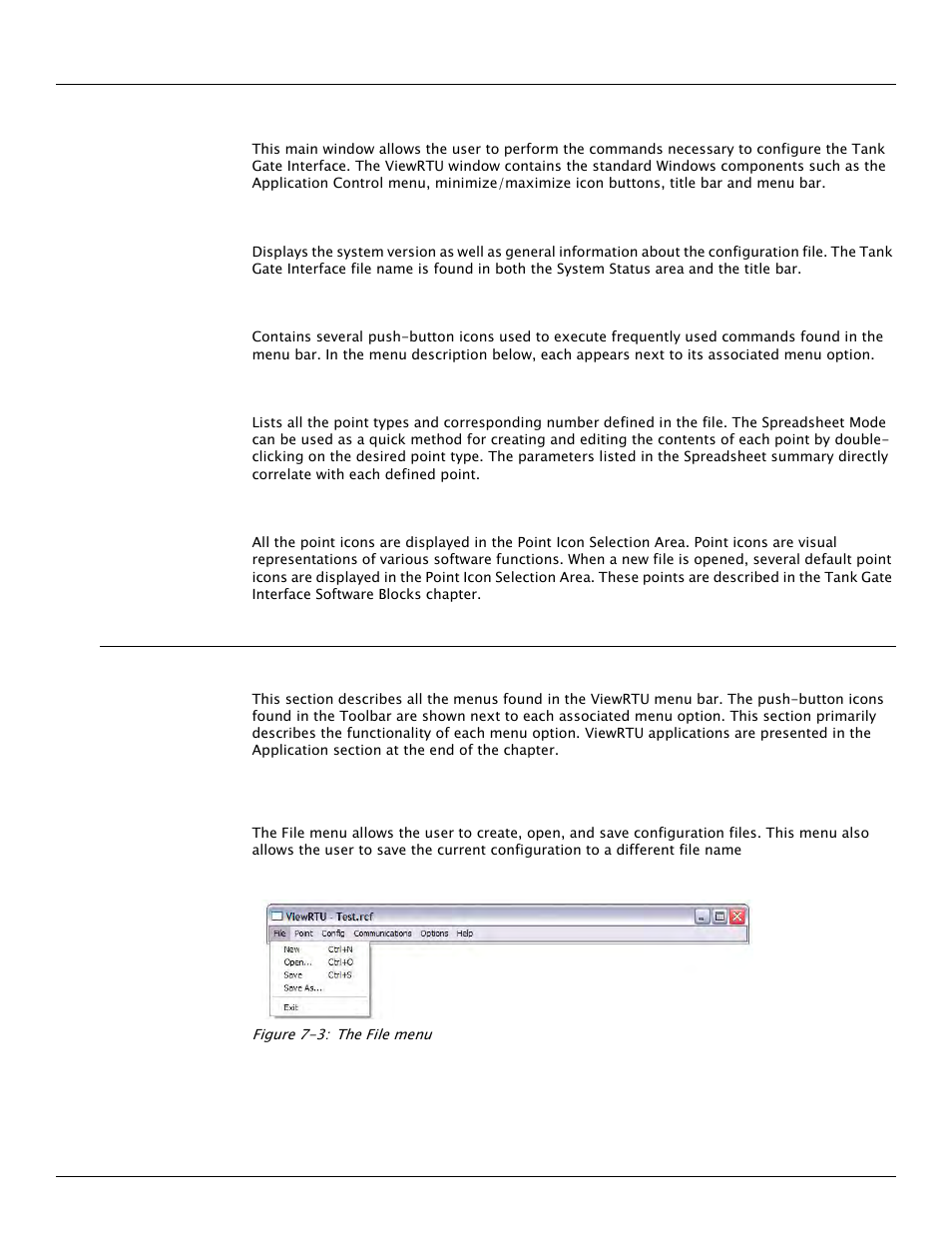 1 viewrtu window, 5 the viewrtu menu bar, 1 the file menu | Varec TankGate Interface 8315 Series User Manual | Page 77 / 110