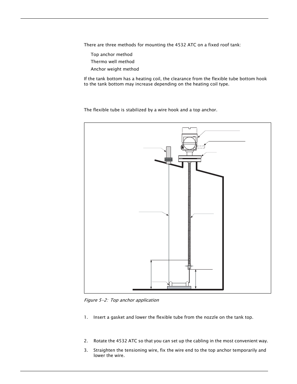 2 mounting on a fixed roof tank, 1 top anchor method, Mounting on a fixed roof tank | Top anchor method | Varec 4532 User Manual | Page 24 / 70