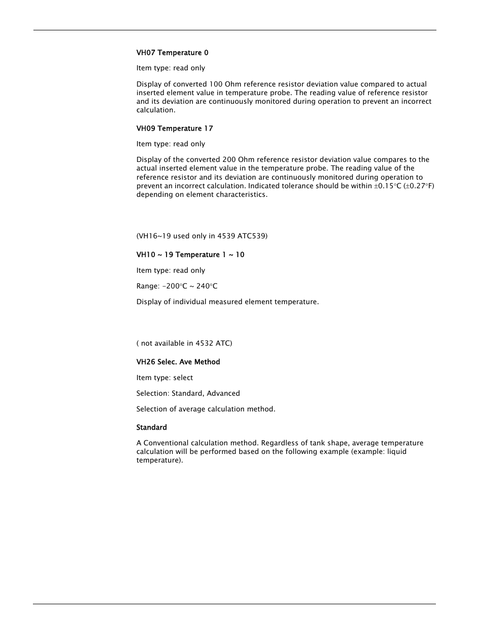 2 element temperature 1: vh10 ~ vh15, 3 element temperature 2: vh20 ~ vh29, Element temperature 1: vh10 ~ vh15 | Element temperature 2: vh20 ~ vh29 | Varec 4532 User Manual | Page 42 / 70