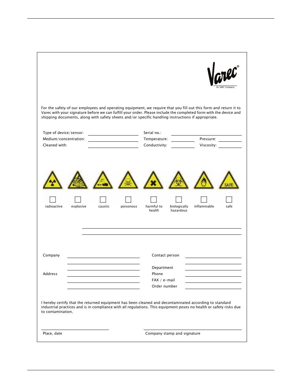 B declaration of contamination form, Declaration of contamination form, Declaration of contamination | Varec 4532 User Manual | Page 65 / 70