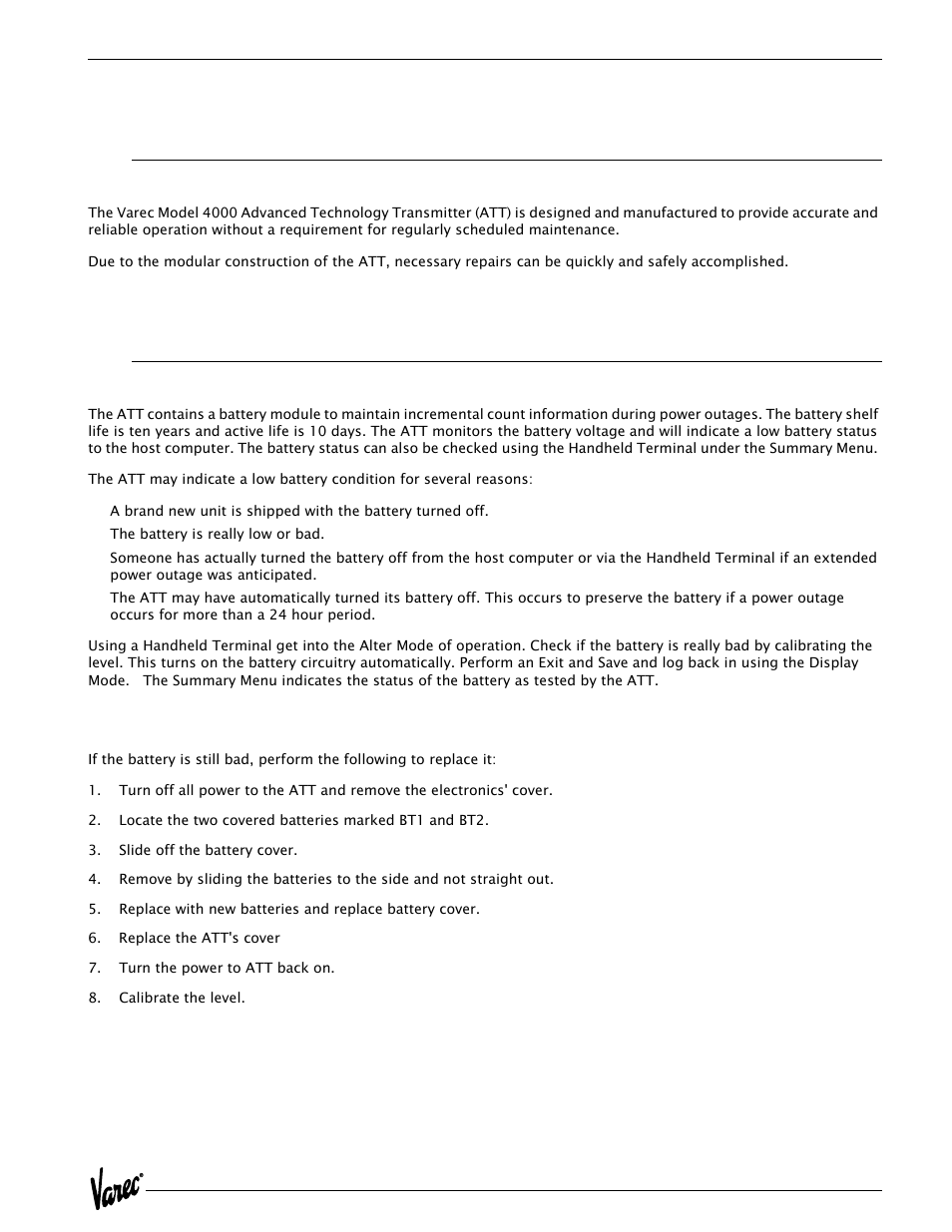 Maintenance and troubleshooting, Maintenance, Battery replacement | 4 maintenance and troubleshooting | Varec 4000 User Manual | Page 37 / 78